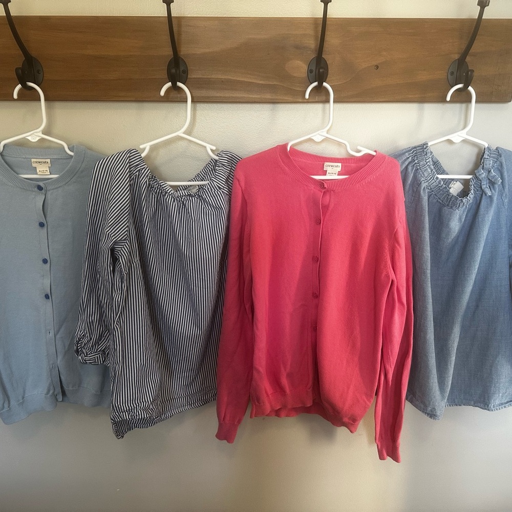 Girls Crewcuts - Pink Cardigan, Blue Cardigan, Longsleeve denim and striped tops